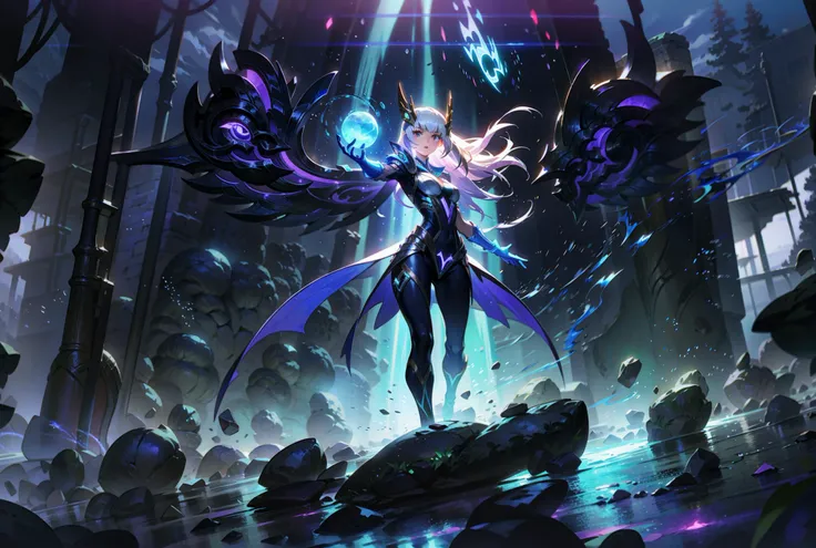 Game illustration, 1girl, long hair, solo, breasts, white hair, outdoors, glowing, magic, bangs, medium breasts, floating, bodysuit, looking at viewer, rock, armor, gloves<lora:CG :0.8>