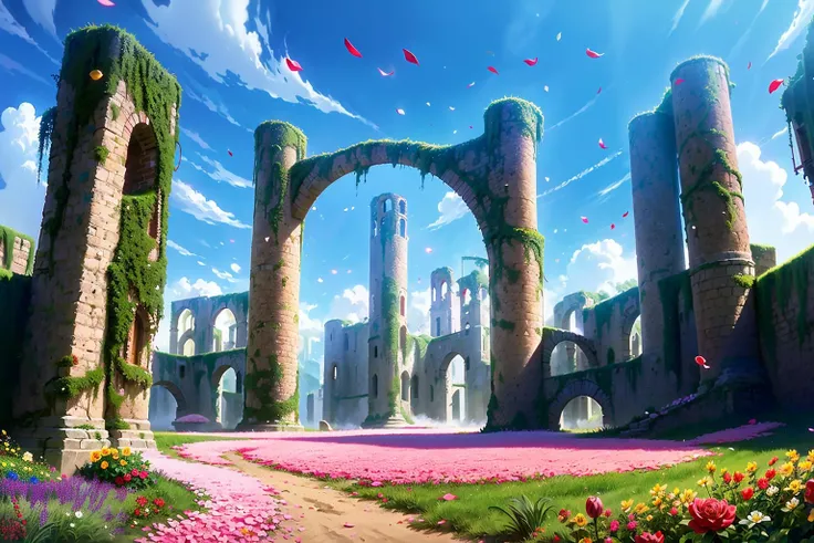 Game illustration, scenery, sky, no humans, cloud, day, arch, flower, petals, outdoors, pillar, fantasy, blue sky, ruins, building, vines <lora:CG V2-000008:1>