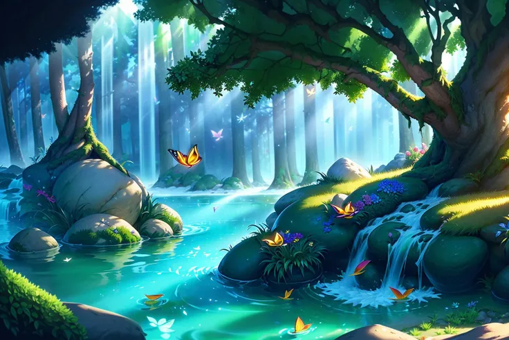 Game illustration, nature, forest, tree, scenery, bug, no humans, outdoors, butterfly, sunlight, water, light rays, flower, grass, moss, day, sunbeam, plant, rock <lora:CG V2-000008:1>