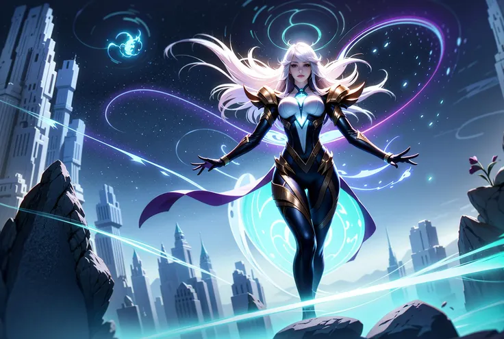 Game illustration, 1girl, long hair, solo, breasts, white hair, outdoors, glowing, magic, bangs, medium breasts, floating, bodysuit, looking at viewer, rock, armor, gloves<lora:CG V2-000008:0.8>