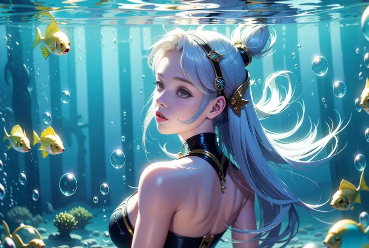 Game illustration, 1 girl, fish, white hair, hair ornaments, underwater, long hair, bubbles, looking at the audience, solo, upper body, bubbles, sea water, looking back<lora:CG :0.8>