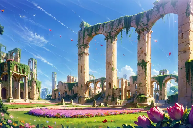 Game illustration, scenery, sky, no humans, cloud, day, arch, flower, petals, outdoors, pillar, fantasy, blue sky, ruins, building, vines <lora:CG V2-000008:1> <lora:bichu-v0612:0.5>