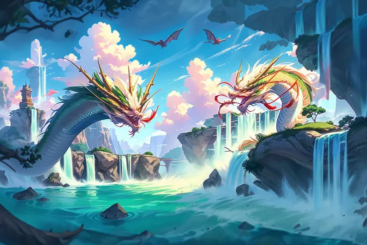 game illustration, water, dragon, oriental dragon, bird, landscape, outdoors, fantasy, waterfall, clouds, sky, mountain, tree, sky <lora:CG V2-000008:1>