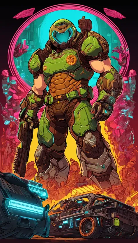 Indie game art,(Doomguy, (reimagined in a cyberpunk universe), (cyberpunk style), (cyberpunk), augmentation, cybernetics, glowing neon lights, cinematic scene, hero view, action pose, masterpiece, best quality, high quality, absurdres, vivid <lora:doomguy_xl_v1:1>), (Vector Art, Borderlands style, Arcane style, Cartoon style), Line art, Disctinct features, Hand drawn, Technical illustration, Graphic design, Vector graphics, High contrast, Precision artwork, Linear compositions, Scalable artwork, Digital art, cinematic sensual, Sharp focus, humorous illustration, big depth of field, Masterpiece, trending on artstation, Vivid colors, trending on ArtStation, trending on CGSociety, Intricate, Low Detail, dramatic