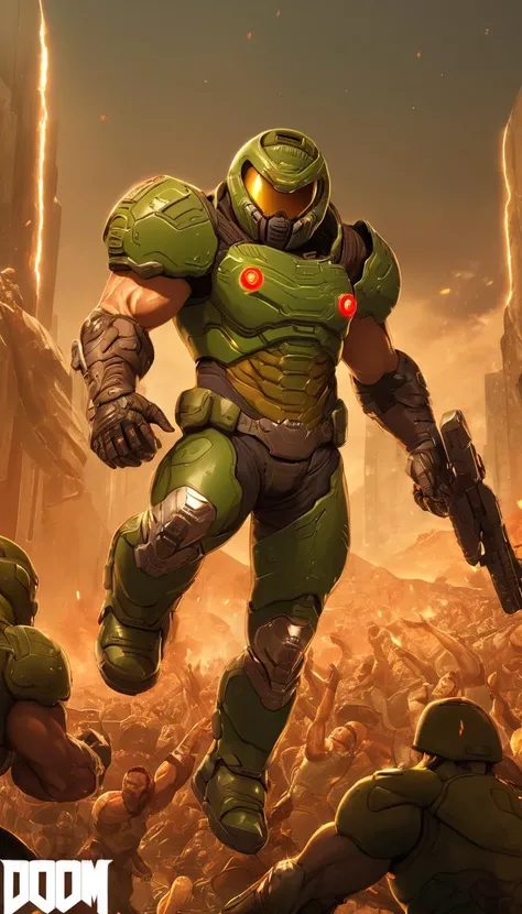 Cinematic scene, hero view, Doomguy, action pose, detailed background, masterpiece, best quality, high quality, highres, absurdres <lora:doomguy_xl_v1:1>
