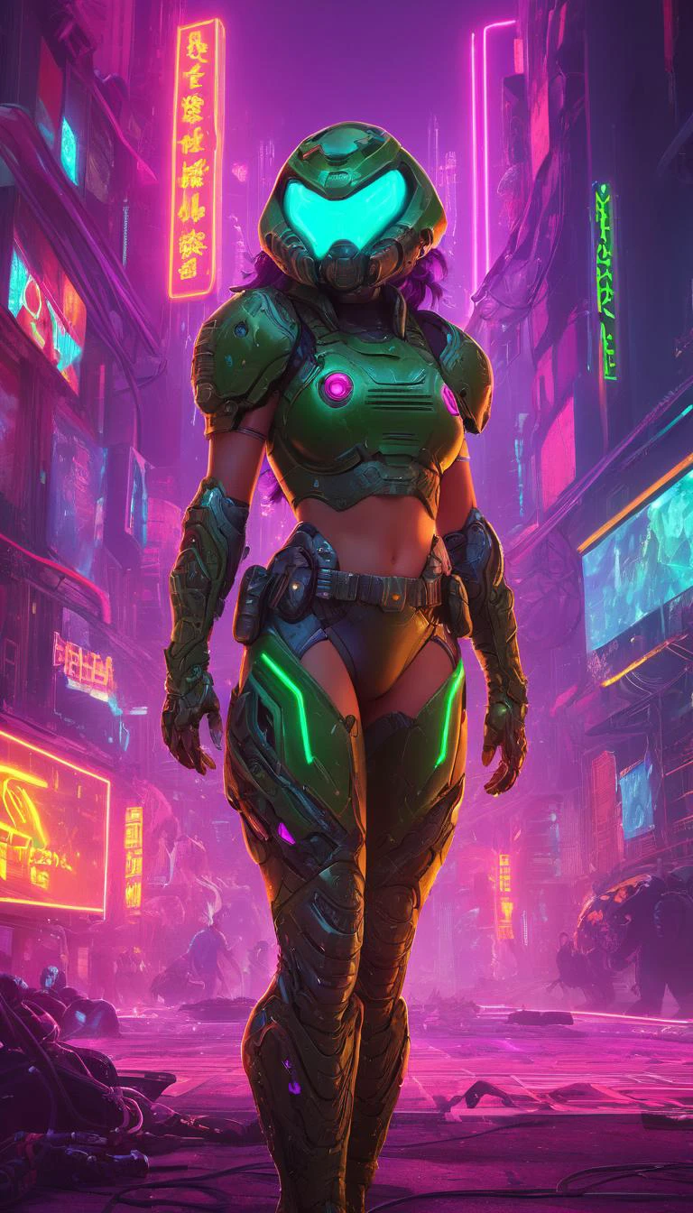concept art Female Doomguy, reimagined in a cyberpunk universe, colorful cyberpunk surroundings, cyberpunk, cyberpunk outfit, cyberpunk art style, glowing multicolored neon lights, cinematic scene, detailed background, piercing eyes, masterpiece, best quality, high quality, intricate, ultra detailed, highres, absurdres, 16k resolution <lora:doomguy_xl_v1:1> <lora:add-detail-xl:1> <lora:neg4all_bdsqlsz_xl_V7:1> . digital artwork, illustrative, painterly, matte painting, highly detailed