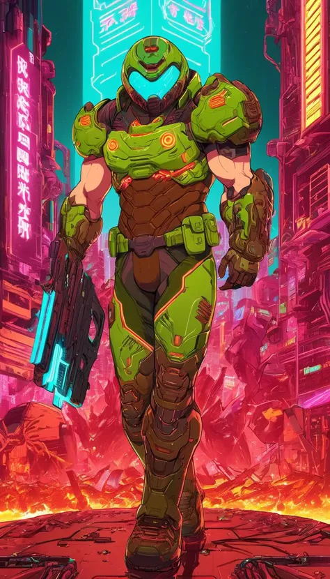 anime artwork Doomguy, (reimagined in a cyberpunk universe), (cyberpunk style), (cyberpunk), augmentation, cybernetics, glowing neon lights, cinematic scene, hero view, action pose, masterpiece, best quality, high quality, absurdres, vivid <lora:doomguy_xl_v1:1> . anime style, key visual, vibrant, studio anime, highly detailed