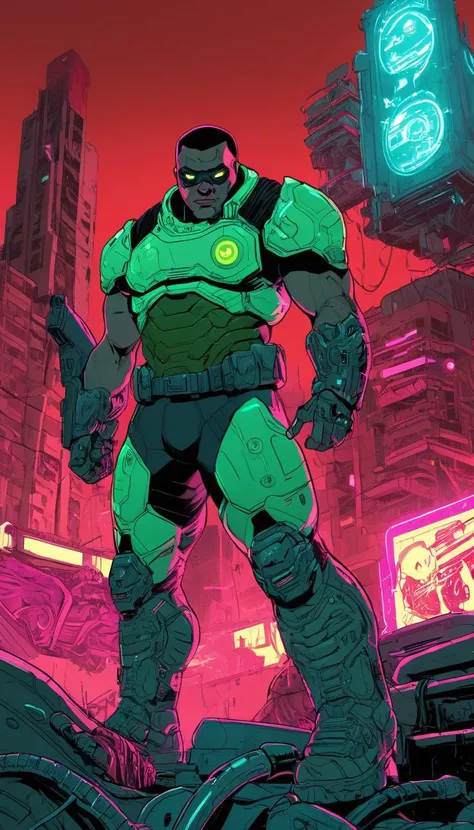 comic Doomguy, (reimagined in a cyberpunk universe), (cyberpunk style), (cyberpunk), augmentation, cybernetics, glowing neon lights, cinematic scene, hero view, action pose, masterpiece, best quality, high quality, absurdres, vivid <lora:doomguy_xl_v1:1> . graphic illustration, comic art, graphic novel art, vibrant, highly detailed