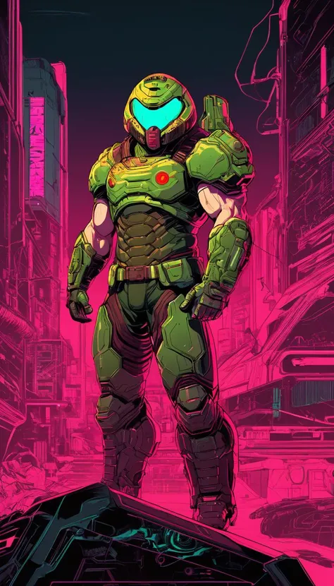 Doomguy, (reimagined in a cyberpunk universe), (cyberpunk style), (cyberpunk), augmentation, cybernetics, glowing neon lights, cinematic scene, hero view, action pose, masterpiece, best quality, high quality, absurdres, vivid <lora:doomguy_xl_v1:1>, Vector art, Vivid colors, Clean lines, Sharp edges, Minimalist, Precise geometry, Simplistic, Smooth curves, Bold outlines, Crisp shapes, Flat colors, Illustration art piece, High contrast shadows, Technical illustration, Graphic design, Vector graphics, High contrast, Precision artwork, Linear compositions, Scalable artwork, Digital art