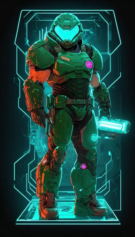 hologram of Doomguy, (reimagined in a cyberpunk universe), (cyberpunk style), (cyberpunk), augmentation, cybernetics, glowing neon lights, cinematic scene, hero view, action pose, masterpiece, best quality, high quality, absurdres, vivid <lora:doomguy_xl_v1:1> floating in space, a vibrant digital illustration, dribbble, quantum wavetracing, black background, behance hd