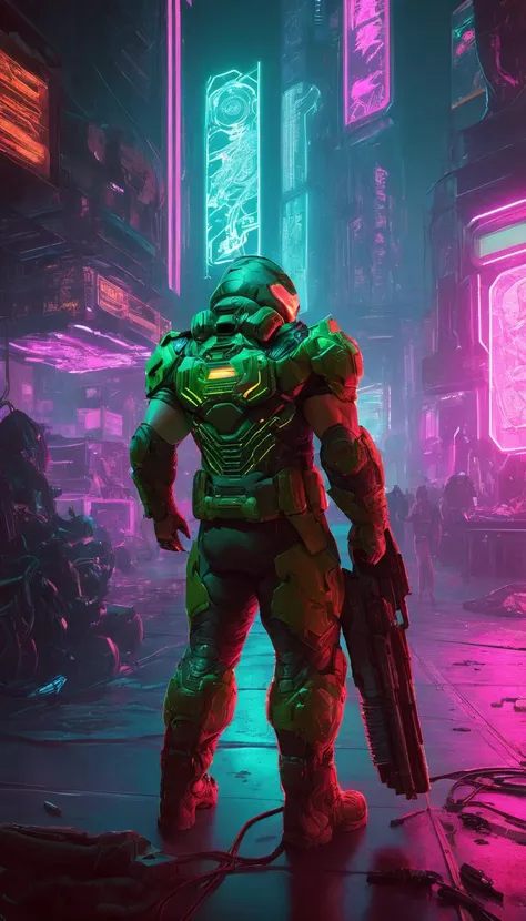 concept art Doomguy, (reimagined in a cyberpunk universe), (cyberpunk style), (cyberpunk), augmentation, cybernetics, glowing neon lights, cinematic scene, hero view, action pose, masterpiece, best quality, high quality, absurdres, vivid <lora:doomguy_xl_v1:1> . digital artwork, illustrative, painterly, matte painting, highly detailed