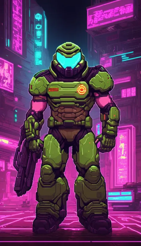 pixel-art Doomguy, (reimagined in a cyberpunk universe), (cyberpunk style), (cyberpunk), augmentation, cybernetics, glowing neon lights, cinematic scene, hero view, action pose, masterpiece, best quality, high quality, absurdres, vivid <lora:doomguy_xl_v1:1> . low-res, blocky, pixel art style, 8-bit graphics