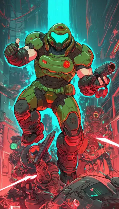 Doomguy, (reimagined in a cyberpunk universe), (cyberpunk style), (cyberpunk), augmentation, cybernetics, glowing neon lights, cinematic scene, hero view, action pose, masterpiece, best quality, high quality, absurdres, vivid <lora:doomguy_xl_v1:1>, (Studio ghibli style, Art by Hayao Miyazaki:1.2), Anime Style, Manga Style, Hand drawn, cinematic, Sharp focus, humorous illustration, big depth of field, Masterpiece, concept art, trending on artstation, Vivid colors, Simplified style, trending on ArtStation, trending on CGSociety, Intricate, Vibrant colors, Soft Shading, Simplistic Features, Sharp Angles, Playful