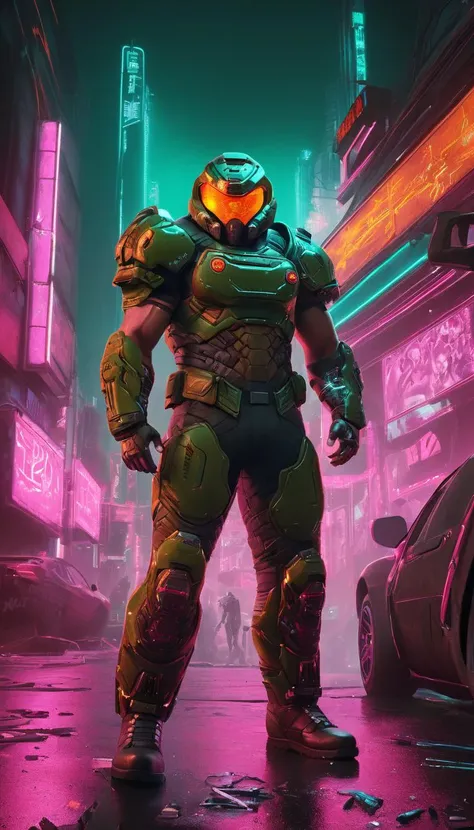 Doomguy, (reimagined in a cyberpunk universe), (cyberpunk style), (cyberpunk), augmentation, cybernetics, glowing neon lights, cinematic scene, hero view, action pose, masterpiece, best quality, high quality, absurdres, vivid <lora:doomguy_xl_v1:1>, RAW candid cinema, 16mm, color graded portra 400 film, remarkable color, ultra realistic, textured skin, remarkable detailed pupils, realistic dull skin noise, visible skin detail, skin fuzz, dry skin, shot with cinematic camera