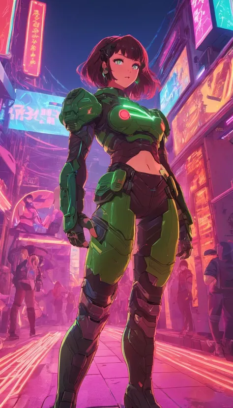 Female Doomguy, reimagined in a cyberpunk universe, colorful cyberpunk surroundings, cyberpunk, cyberpunk outfit, cyberpunk art style, glowing multicolored neon lights, cinematic scene, detailed background, piercing eyes, masterpiece, best quality, high quality, intricate, ultra detailed, highres, absurdres, 16k resolution <lora:doomguy_xl_v1:1> <lora:add-detail-xl:1> <lora:neg4all_bdsqlsz_xl_V7:1>, (Anime Scene, Toonshading, Satoshi Kon, Ken Sugimori, Hiromu Arakawa:1.2), (Anime Style, Manga Style:1.3), Low detail, sketch, concept art, line art, webtoon, manhua, hand drawn, defined lines, simple shades, minimalistic, High contrast, Linear compositions, Scalable artwork, Digital art, High Contrast Shadows, glow effects, humorous illustration, big depth of field, Masterpiece, colors, concept art, trending on artstation, Vivid colors, dramatic