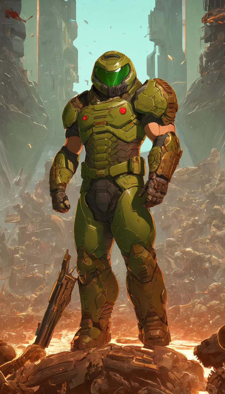 concept art Cinematic scene, hero view, Doomguy, action pose, detailed background, masterpiece, best quality, high quality, highres, absurdres <lora:doomguy_xl_v1:1> . digital artwork, illustrative, painterly, matte painting, highly detailed
