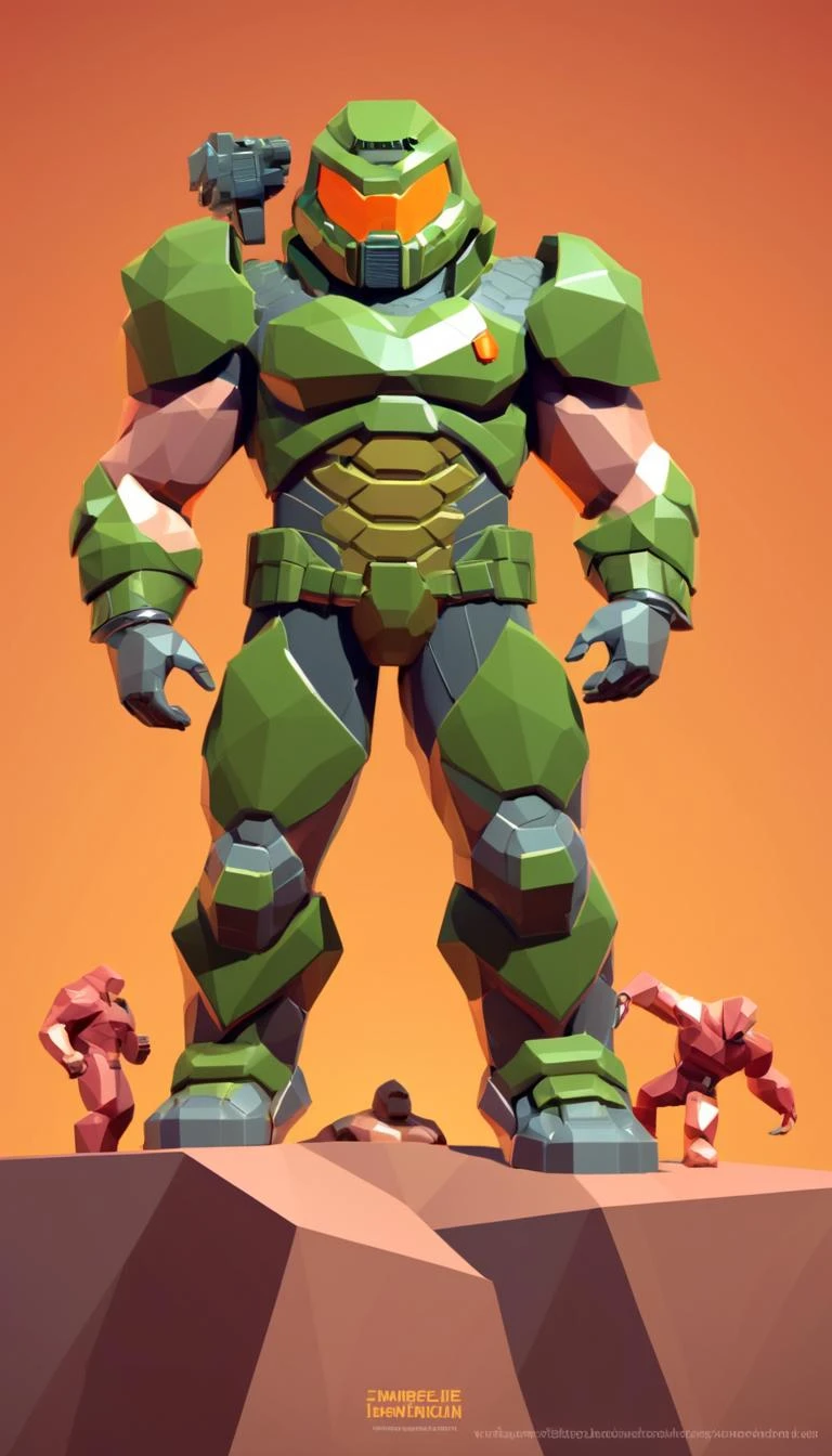 low-poly style Cinematic scene, hero view, Doomguy, action pose, detailed background, masterpiece, best quality, high quality, highres, absurdres <lora:doomguy_xl_v1:1> . low-poly game art, polygon mesh, jagged, blocky, wireframe edges, centered composition