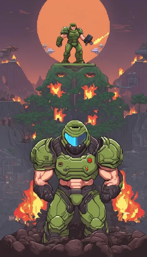 pixel-art Cinematic scene, hero view, Doomguy, action pose, detailed background, masterpiece, best quality, high quality, highres, absurdres <lora:doomguy_xl_v1:1> . low-res, blocky, pixel art style, 8-bit graphics