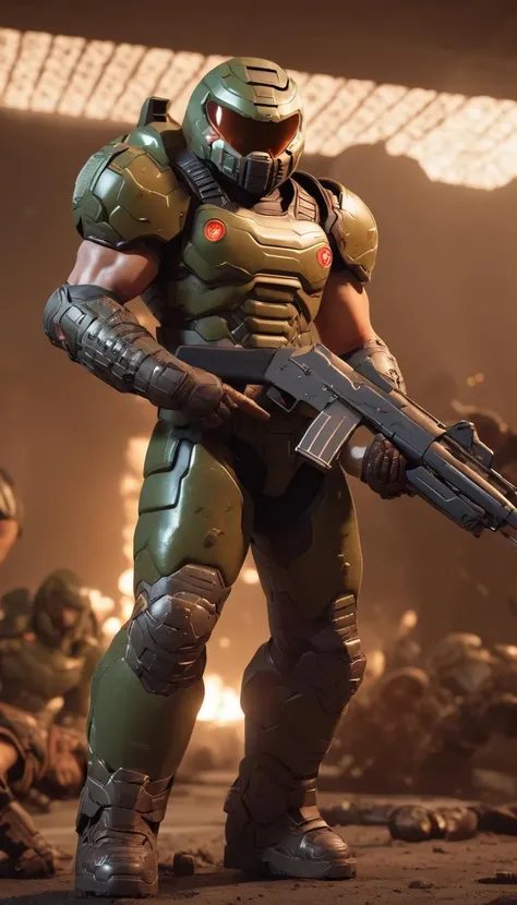 cinematic photo Cinematic scene, hero view, Doomguy, action pose, detailed background, masterpiece, best quality, high quality, highres, absurdres <lora:doomguy_xl_v1:1> . 35mm photograph, film, bokeh, professional, 4k, highly detailed
