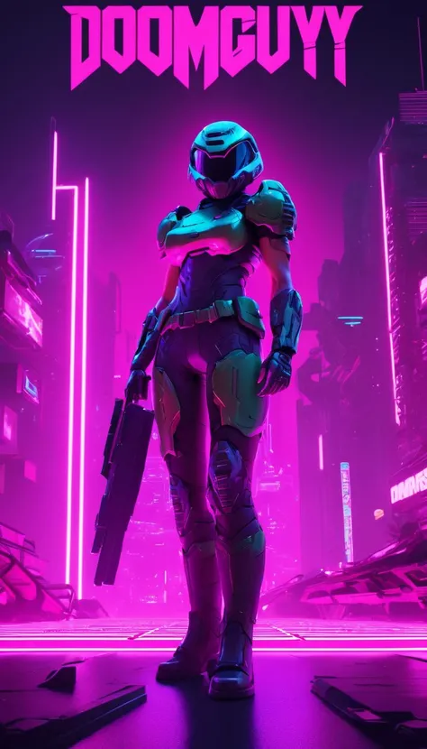 neonpunk style Cinematic scene, hero view, Doomguy, action pose, detailed background, masterpiece, best quality, high quality, highres, absurdres <lora:doomguy_xl_v1:1> . cyberpunk, vaporwave, neon, vibes, vibrant, stunningly beautiful, crisp, detailed, sleek, ultramodern, magenta highlights, dark purple shadows, high contrast, cinematic, ultra detailed, intricate, professional