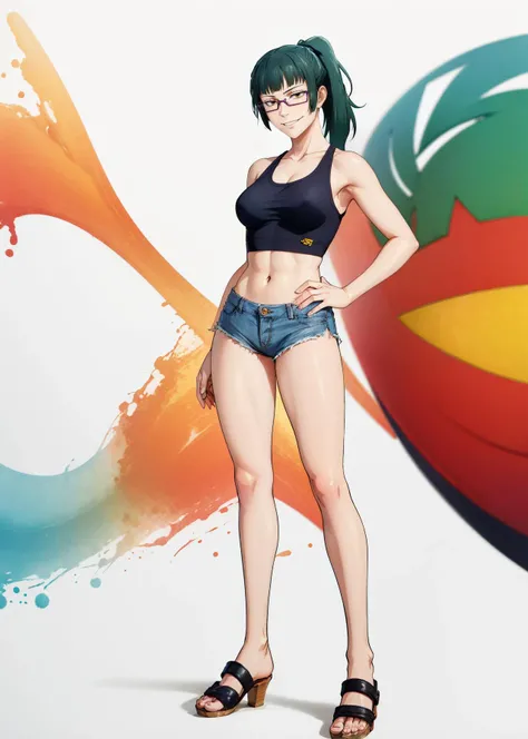 (full body shot, masterpiece, best_quality, ultra-detailed, immaculate:1.3),
BREAK
<lora:MakiZenin, yellow eyes, eyewear, blunt bangs, sidelocks, ponytail, green hair:0.55> MakiZenin, yellow eyes, eyewear, 1girl, solo, blunt bangs, sidelocks, ponytail, green hair, female focus, smug smile, looking at viewer, hair ornament, edgSDress, tank top, underboob, jean shorts, posing for photo, standing, legs spread,
<lora:edgSDress_retrained:1>
<lora:detail_slider_v4:1>
BREAK
street,