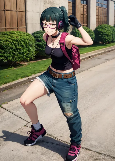 (full body shot, masterpiece, best_quality, ultra-detailed, immaculate:1.3),
BREAK
<lora:MakiZenin, yellow eyes, eyewear, blunt bangs, sidelocks, ponytail, green hair:0.55> MakiZenin, yellow eyes, eyewear, 1girl, solo, blunt bangs, sidelocks, ponytail, green hair, female focus, smug smile, looking at viewer, headphones, edgGrunge, spiked choker, backpack, gloves, straps, tank top, jeans, belt, posing for photo, standing, legs spread,
<lyco:edgGrunge, choker, gloves, straps, tank top, jean shorts, belt:1.0>
<lora:detail_slider_v4:1>
BREAK
street,