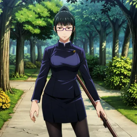 masterpiece,high quality,solo,forest,
<lora:MakiZenin001:0.7>,
MakiZenin,1girl,
ponytail,
eyewear,
gakuran,
skirt,
pantyhose,
holding weapon,