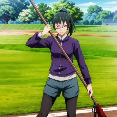 masterpiece,high quality,solo,
<lora:MakiZenin001:0.7>,
MakiZenin,1girl,
ponytail,
eyewear,
purple jacket,
shorts,
pantyhose,sports ground,outdoors,holding polearm,