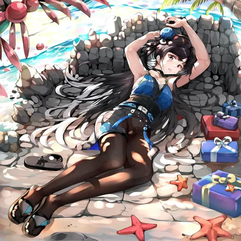 yangyang (wuthering waves), cherry blossoms, ocean, black pantyhose, ;), flower, starfish, sunlight, pov, choker, air bubble, gift, sandals, hair bun, lying, sheathed, arms up, palm leaf, pubic hair, on side, rubble, vaginal, full body, belt, mole under eye, blue sky