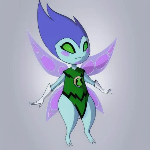 Standing, (masterpiece), best quality, Insect lady, blue skin, pure all black blue eyes, black insect antennae, little smile in face, Black clothes, Purple light hair, little girl beside, the little girl have cyan clothes, Purple Insect wing, black hair