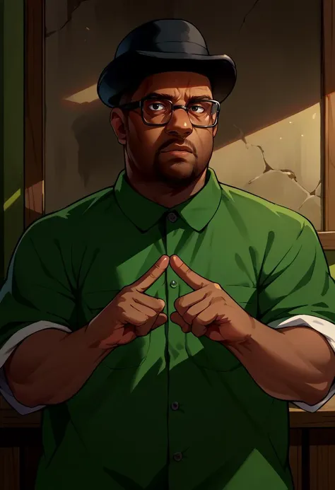 score_9, score_8_up, source_anime, 1boy, solo, male focus, BigSmoke, black eyes, dark-skinned male, facial hair, glasses, black headwear, green shirt, <lora:BigSmoke_XLPD:1>, <lora:pose_indexfingerstogether_ponyXL:1>, index fingers together