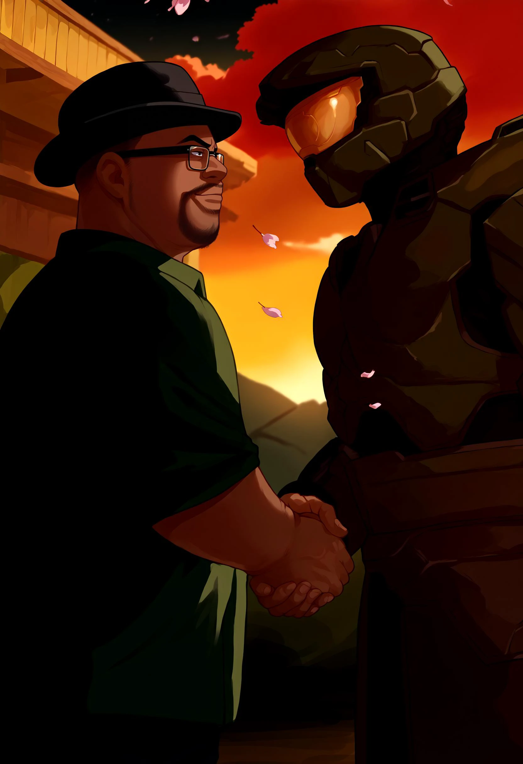 score_9, score_8_up, source_anime, 2boys, <lora:concept_handshake_ponyXL:0.65>, handshake, looking at another, outdoors, cherry blossoms,
BREAK <lora:BigSmoke_XLPD:1> BigSmoke, black eyes, dark-skinned male, facial hair, glasses, black headwear, green shirt, pants, smirk,
BREAK <lora:masterchief-halo-richy-v1_pdxl:1>, masterchief, helmet, visor, power armor, green armor,