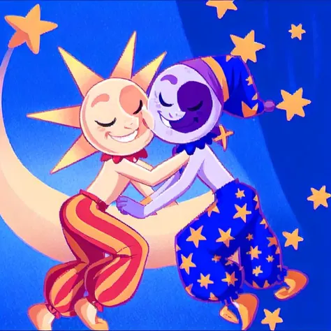 grainy, masterpiece, high quality, duo, kiss on lips
BREAK ballpit
BREAK SunFNAF, bell, red clothing, bottomwear, (humanoid), male, sun, rays, spikes, kissing <lora:dca-2d-run3:0.3>
BREAK MoonFNAF, bell, blue clothing, bottomwear, (humanoid), male, moon, hat, nightcap, kissing <lora:dca-2d-run3:0.3>, (best quality, masterpiece:1), detailed