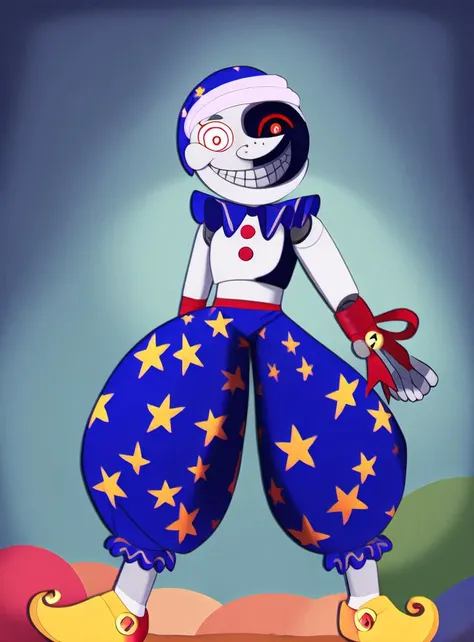 <lora:dca-v3-mix-final-2:1> solo, fullbody, animatronic, red eyes, grin, teeth, smile, permagrin, on model, official, best quality, masterpiece, high res, MoonFNAF, daycare attendant, humanoid, grey body, multi tone body, multicolored body, blue clothing, pattern clothing, nightcap, pants, tutu, slippers, footwear, bell, ribbons, button, neck ruff