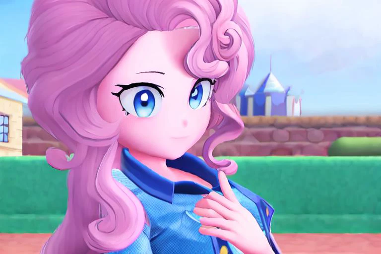 <lora:pokemonsv-run1:1> solo, (pinkie pie, equestria girls), 1girl, female, pink hair, curled hair, blue eyes, (pink skin:0.75), full body, 3d, nintendo, (best quality, masterpiece:1), detailed