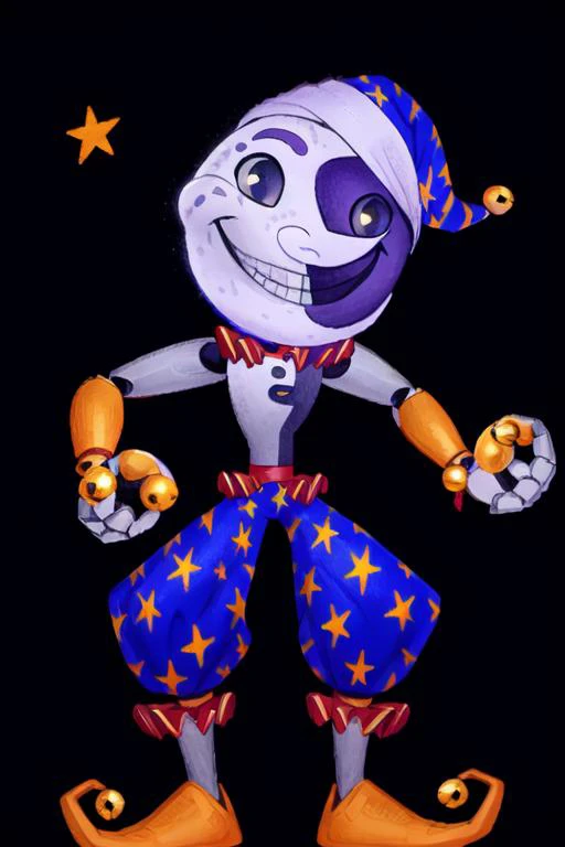 standing, MoonFNAF, bell, blue clothing, (humanoid), male, moon, nightcap, smile, solo, robot <lora:dca-2d-run3:0.5> <lora:FNAFV1_11:0.5>, (best quality, masterpiece:1), detailed