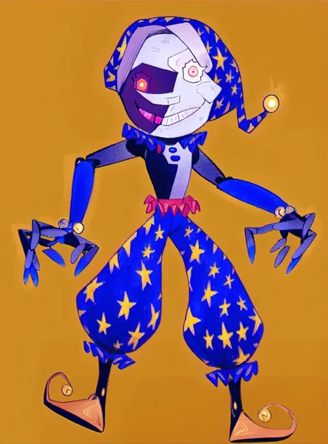 <lora:dca-2d-run3:0.9> yellow background, standing, solo, humanoid, MoonFNAF, robot, heterochromia, nightcap, hat, moon, blue clothing, male, (frown, grimace), red eyes, teeth, (best quality, masterpiece:1), detailed