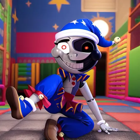 <lora:dca-v3-mix-final-2:1> solo, animatronic, red eyes, best quality, masterpiece, high res, MoonFNAF, daycare attendant, humanoid, grey body, multi tone body, multicolored body, blue clothing, pattern clothing, nightcap, pants, tutu, slippers, footwear, bell, ribbons, button, neck ruff