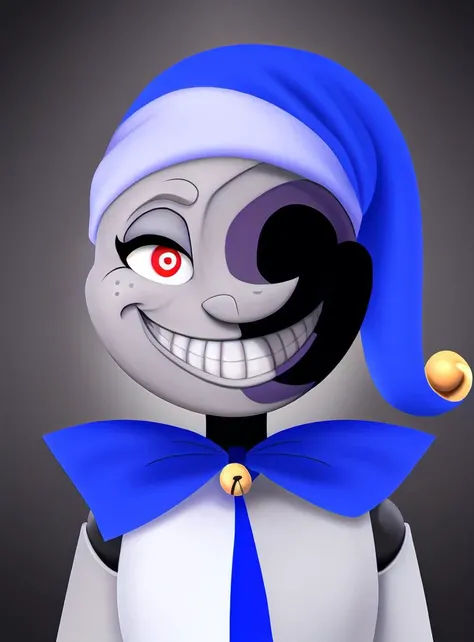 <lora:dca-v3-mix-final-2:1> solo, headshot, animatronic, red eyes, grin, teeth, smile, permagrin, on model, best quality, masterpiece, high res, MoonFNAF, daycare attendant, humanoid, grey body, multi tone body, multicolored body, blue clothing, pattern clothing, nightcap, bell, ribbons, button, neck ruff, detailed light, soft, digital painting, soft shading