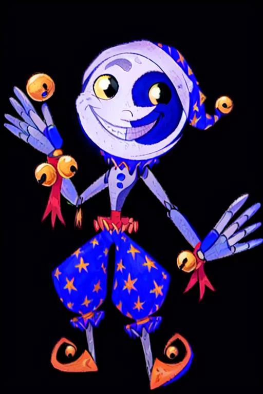 standing, MoonFNAF, bell, blue clothing, (humanoid), male, moon, nightcap, smile, solo, robot <lora:dca-2d-run3:0.5> <lora:Daycare_Attendants:0.5>, (best quality, masterpiece:1), detailed