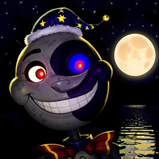 masterpiece, high quality, safe, solo, <lora:FNAFV1_11:0.725> , MoonFNAF, Daycare Attendant, FNAF, animatronic, machine, robot, red eyes, heterochromia, starry nightcap, gold jingle bell, neck ruff, grey body