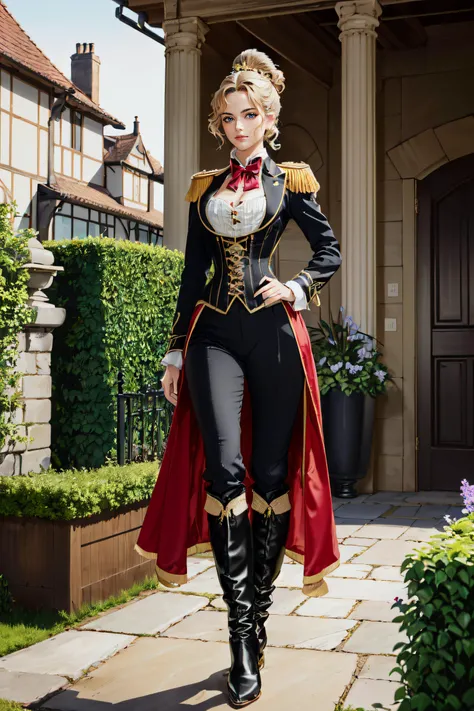 (masterpiece, best quality, ultra detailed, absurdres:1.5), 1girl, (sexy, beautiful woman, perfect face, perfect eyes, perfect female body:1.5), (r1d3r, jacket, tailcoat, tiara, pants, trim, cuffs, frills, corset, stand-up collar, bowtie, (tall coiffures and updo wig), high heel boots, knee high boots, black footwear, epaulettes, formal, <lora:Outfit_soph-VictorianRidingDressRoyal:0.75>), (standing, outdoors, courtyard, European manor in background), perfect lighting, smooth, hdr