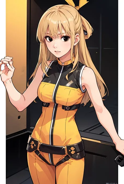(masterpiece, best quality), 1girl, <lora:YumekoSuzukiri:0.8> YumekoSuzukiri, 1girl, solo, long hair, blonde hair, bare shoulders, medium breasts, sleeveless, belt, black eyes, bare arms, yellow bodysuit, zipper,