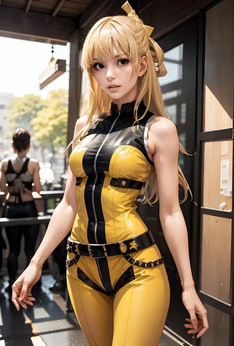 18year old, ((top-quality)), ((masterpiece)), (high-detail:1.3), (upper body), (((front view))), Beautiful face (cyberpunked:1.3), ((Stylish woman in yellow rubber bondage suit)), (((small breasts))), Slim waist, small buttocks, (Japanese beauty), superfine illustration, (yellow hair with bangs and twintails), (no bra!), ((barechested!), ((nipple is visible!)), (no panties!), (pubic area is visible!), space station!, ((cyborg body)), ((robot)), ((holding gun))