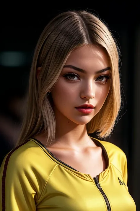 photo of beautiful (l1lyr0wland-125:0.99), a woman in a (movie premiere gala:1.1), wearing yellow (track suit:1.1), (makeup, painted lips), ((Anglo Gothic:1.1)), modelshoot style, (extremely detailed CG unity 8k wallpaper), professional majestic (photography by massimo vitali:1.1), (Kodak PIXPRO FZ43 16MP Digital Camera), 24mm, exposure blend, hdr, faded, extremely intricate, High (Detail:1.1), Sharp focus, dramatic, soft cinematic light, (looking at viewer), (detailed pupils), (upper body), 4k textures, adobe lightroom, photolab, elegant, ((((cinematic look)))), soothing tones, insane details, hyperdetailed, low contrast