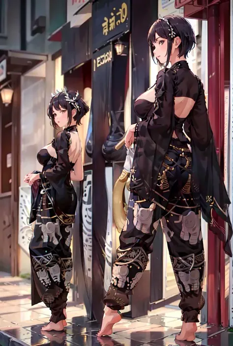 highres,, masterpiece, high quality, 1 girl, (modern teenager), (modern world),(short hair:1.2), (beautiful face:1.5), , side view, (full body shot:1.5), (wearing detailed black and white thaielephantharempants:1.2) , <lora:thaiElephantHarem_pantsv1:0.8>