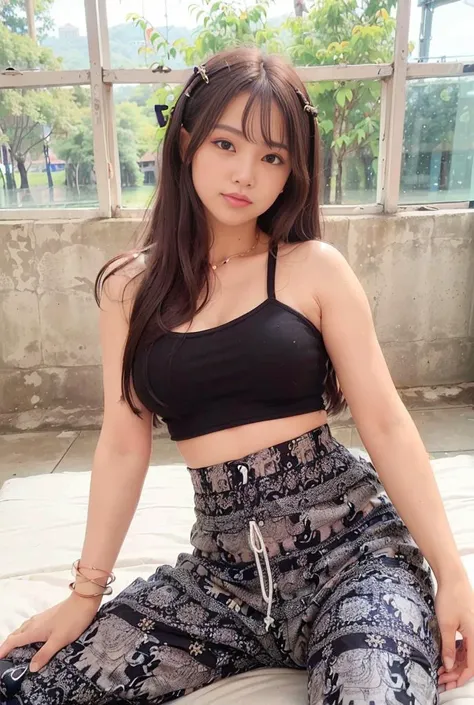 (best quality:1.4), (ultra highres:1.2), (photorealistic:1.4), (8k, RAW photo:1.2),(medium shot see girl face and pants :1.4), (thai girl sexy face:1.4), (looking at viewer),(black hair :1.5), (slim body), wearing (white crop top:1.3), (ThaiElephantHaremPants:1.3),(in bed room),<lora:ThaiElephantHaremPantsV1:0.7>,(natural light),(rim light), <lora:koreanDollLikeness_v15:0.2>