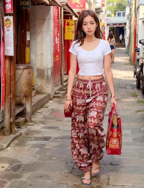 (best quality:1.4), (ultra highres:1.2), (photorealistic:1.4), (8k, RAW photo:1.2),(medium shot :1.4), (brown eyes), girl walking on the street, wearing ( red ThaiElephantHaremPants:1.3),(white top:1.2), (nice shoes),<lora:ThaiElephantHaremPantsV1:0.8>,(natural light),(rim light)