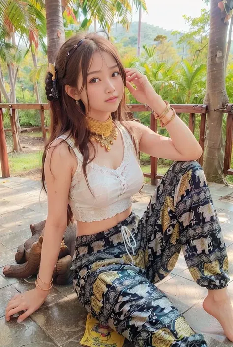 (best quality:1.4), (ultra highres:1.2), (photorealistic:1.4), (8k, RAW photo:1.2),(medium shot see girl face and pants :1.4), (thai girl sexy face:1.4), (looking at viewer),(black hair :1.5), wearing (yellow ThaiElephantHaremPants:1.3),(white top:1.4), (in bangkok),<lora:ThaiElephantHaremPantsV1:0.8>,(natural light),(rim light), <lora:koreanDollLikeness_v15:0.2>