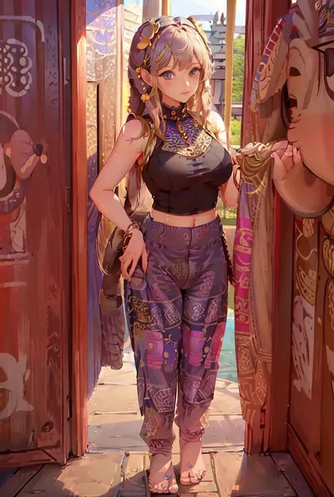 masterpiece, best quality, (8k wallpaper, masterpiece, best quality, best shadow), (beautiful detailed face, beautiful detailed eyes), 1girl, (standing near the village),( tank top), (thaielephantharempants:1.4),((caustic)), dynamic angle,beautiful detailed glow,full body, cowboy shot, <lora:thaiElephantHarem_pantsv1:0.8>